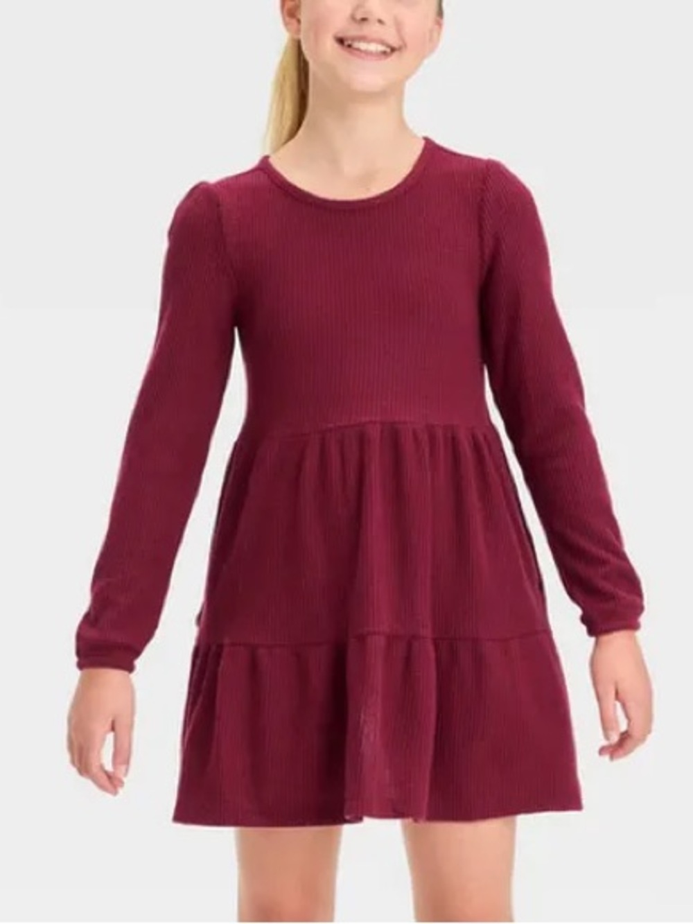 Cat & Jack Girls Burgundy Long Sleeve Tiered Ribbed Waffle Knit Dress Size 8 - Picture 1 of 6